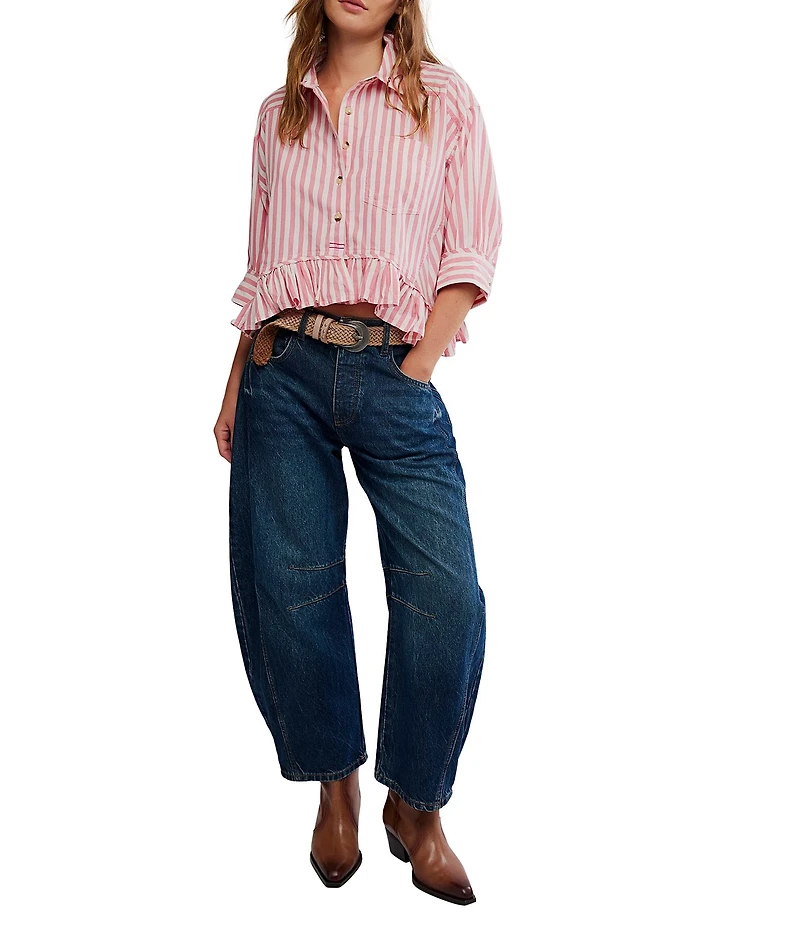 Free People We The Free Bailey Stripe Print Point Collar 3/4 Sleeve Ruffle High-Low Hem Button Front Blouse