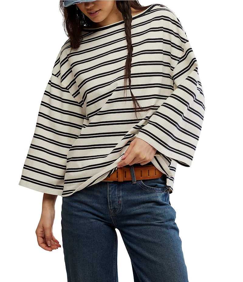 Free People We The Free C'est La Vie Stripe Print Boat Neck 3/4 Wide Sleeve Oversize Boxy Tee