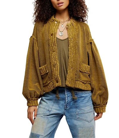 Free People We The Free Cute In This Cardi Crew Neck Long Sleeve Button Front Soft Terry Cardigan