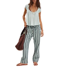 Free People We The Free Dahlia Linen Blend Smocked Tie Scoop Neck Cap Sleeve Tee