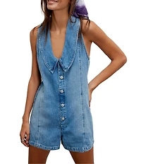 Free People We The Free Dover Playsuit Collared V-Neck Sleeveless Denim Romper
