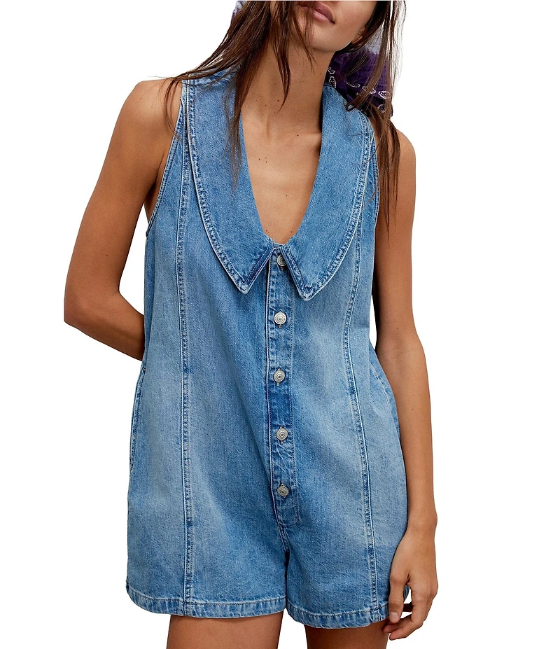 Free People We The Free Dover Playsuit Collared V-Neck Sleeveless Denim Romper