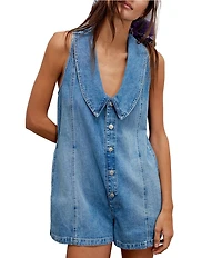 Free People We The Free Dover Playsuit Collared V-Neck Sleeveless Denim Romper