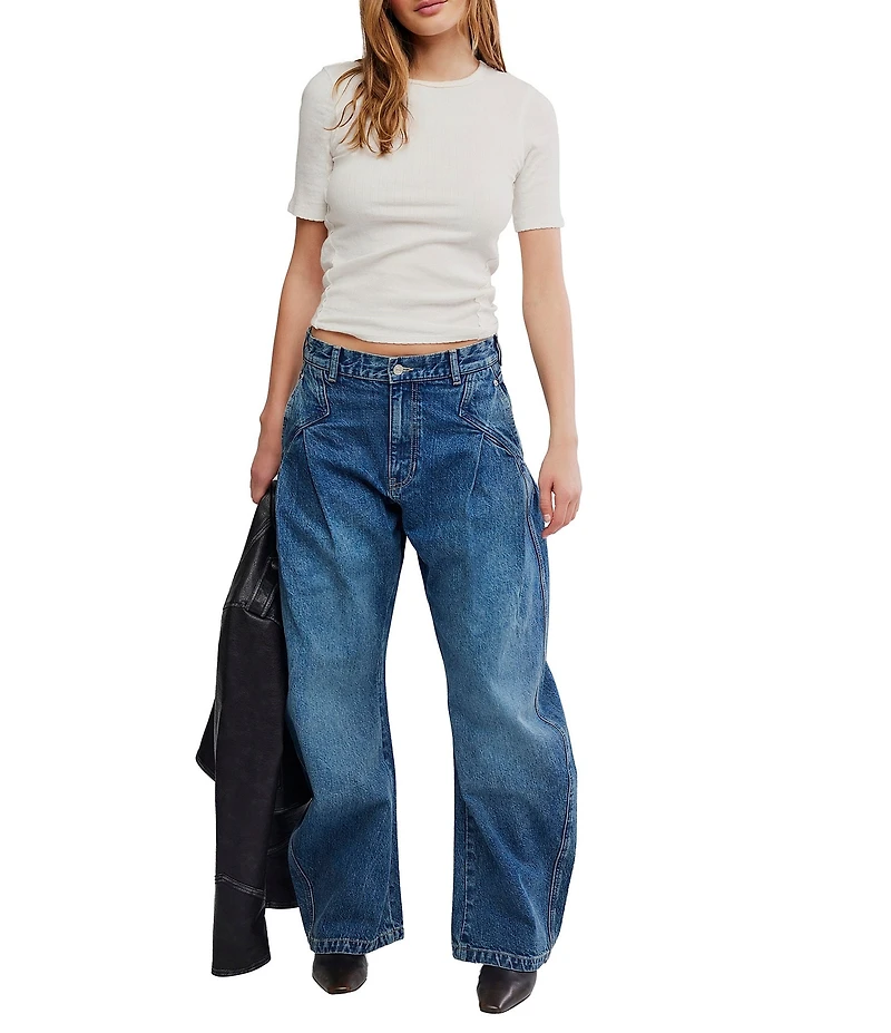 Free People We The Free Golden Hour Low Rise Barrel Leg Denim Trouser Pants