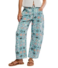 Free People We The Free Good Luck Denim Ditsy Block Printed Mid Rise Barrel Jeans