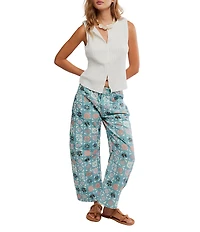 Free People We The Free Good Luck Denim Ditsy Block Printed Mid Rise Barrel Jeans