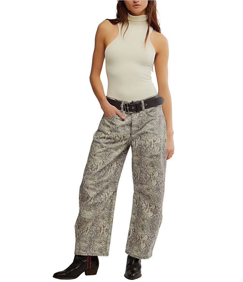 Free People We The Free Good Luck Denim Snake Print Mid Rise Barrel Jeans