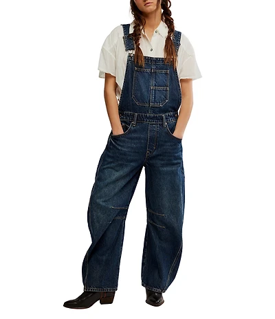 Free People We The Free Good Luck Denim Square Neck Barrel Leg Overalls