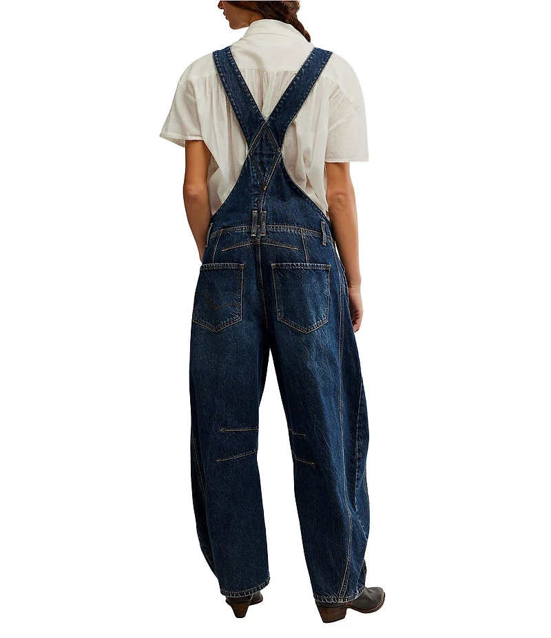 Free People We The Free Good Luck Denim Square Neck Barrel Leg Overalls