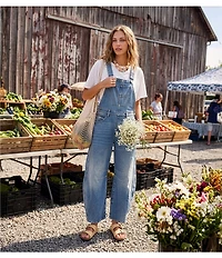 Free People We The Free Good Luck Denim Square Neck Barrel Leg Overalls