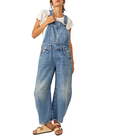 Free People We The Free Good Luck Denim Square Neck Barrel Leg Overalls