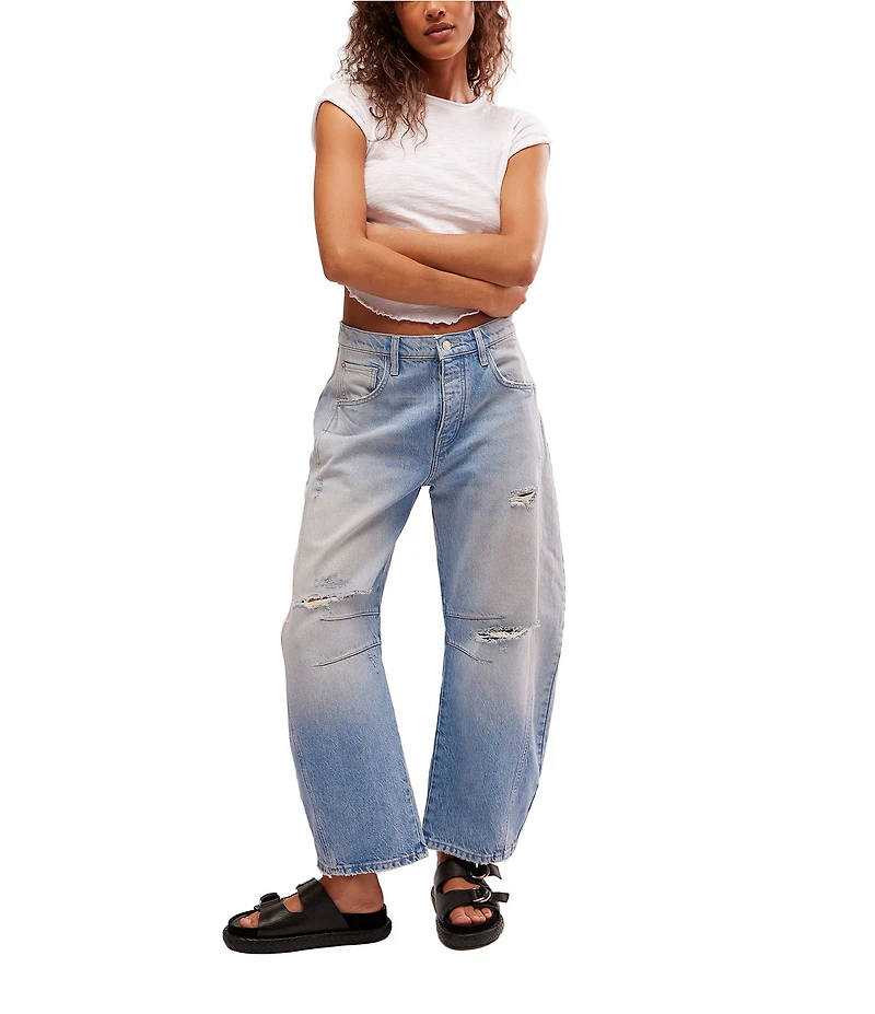 Free People We The Free Good Luck Mid Rise Destruction Wide Leg Barrel Jeans