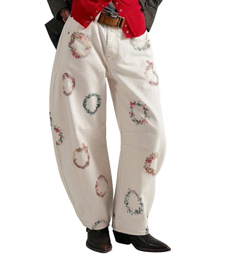 Free People We The Free Good Luck Printed Mid-Rise Barrel Jeans