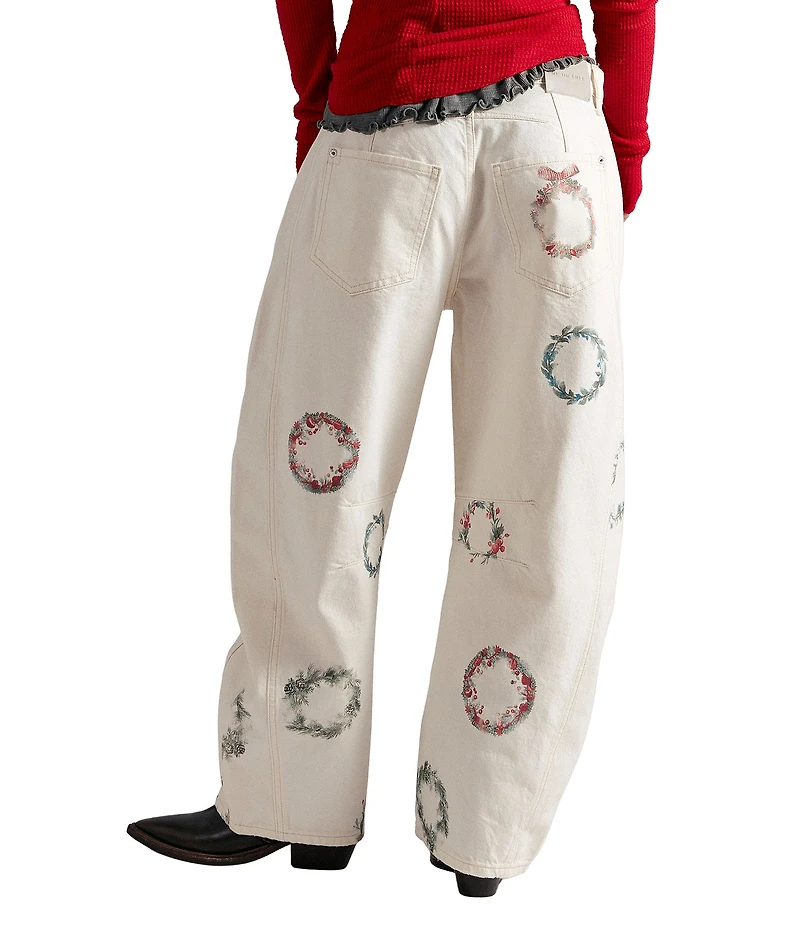 Free People We The Free Good Luck Printed Mid-Rise Barrel Jeans