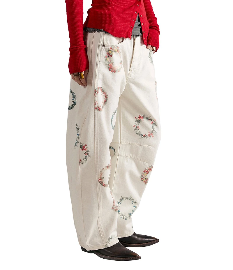 Free People We The Free Good Luck Printed Mid-Rise Barrel Jeans