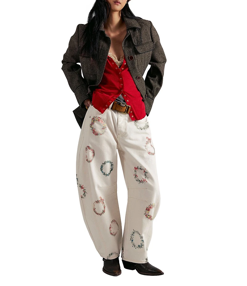 Free People We The Free Good Luck Printed Mid-Rise Barrel Jeans