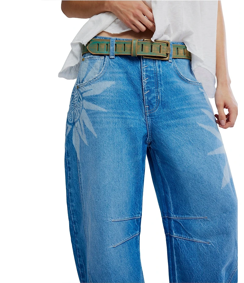 Free People We The Free Good Luck Sun Printed Mid Rise Barrel Jeans