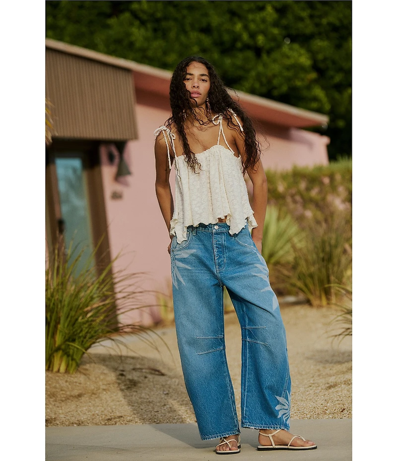 Free People We The Free Good Luck Sun Printed Mid Rise Barrel Jeans