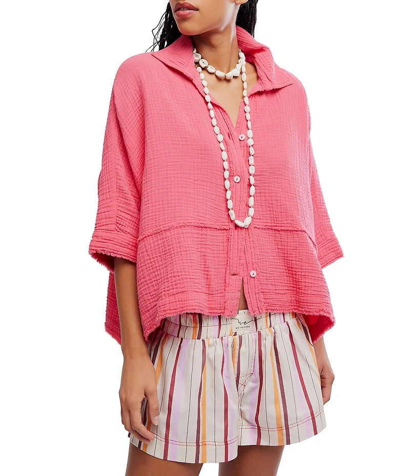 Free People We The Free Happy Days Collared Short Sleeve Button-Front Gauze Top