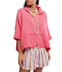 Free People We The Free Happy Days Collared Short Sleeve Button-Front Gauze Top