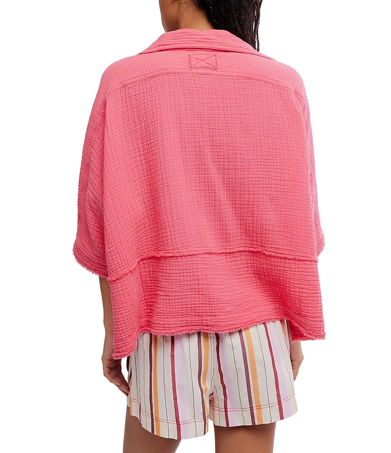 Free People We The Free Happy Days Collared Short Sleeve Button-Front Gauze Top