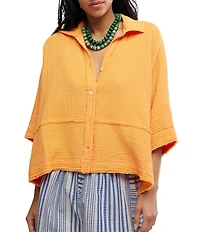 Free People We The Free Happy Days Collared Short Sleeve Button-Front Gauze Top