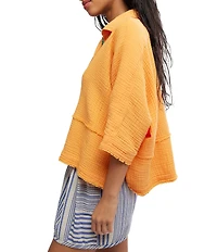 Free People We The Free Happy Days Collared Short Sleeve Button-Front Gauze Top