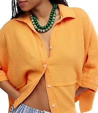 Free People We The Free Happy Days Collared Short Sleeve Button-Front Gauze Top