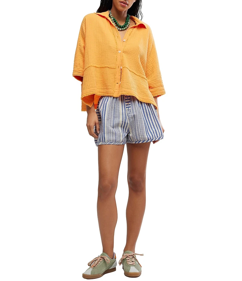 Free People We The Free Happy Days Collared Short Sleeve Button-Front Gauze Top
