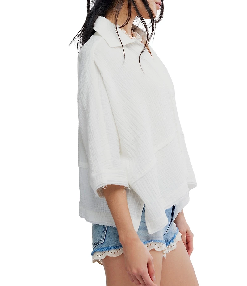Free People We The Free Happy Days Collared Short Sleeve Button-Front Gauze Top