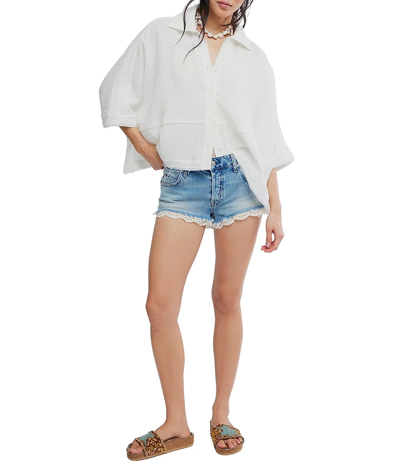 Free People We The Free Happy Days Collared Short Sleeve Button-Front Gauze Top