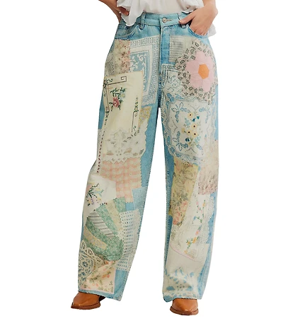Free People We The Free Illusions Patchwork Printed Low Rise Barrel Leg Jeans