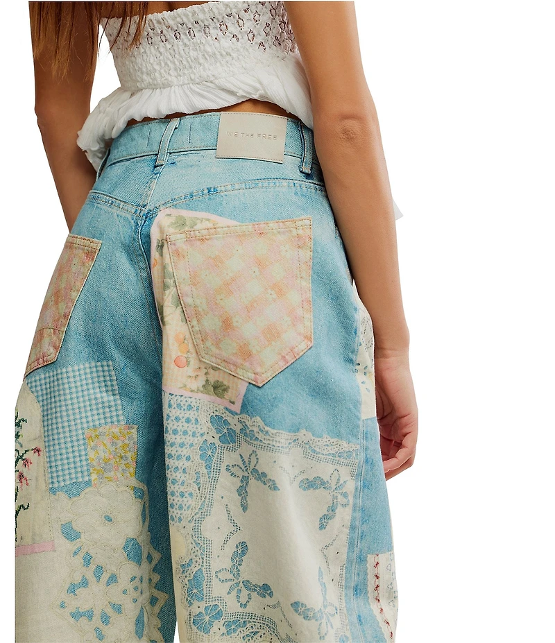 Free People We The Free Illusions Patchwork Printed Low Rise Barrel Leg Jeans