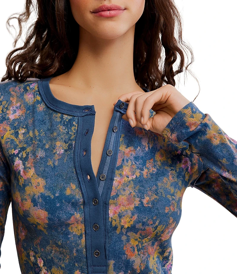 Free People We The Free Jamie Floral Print V-Neck Long Sleeve Henley Top