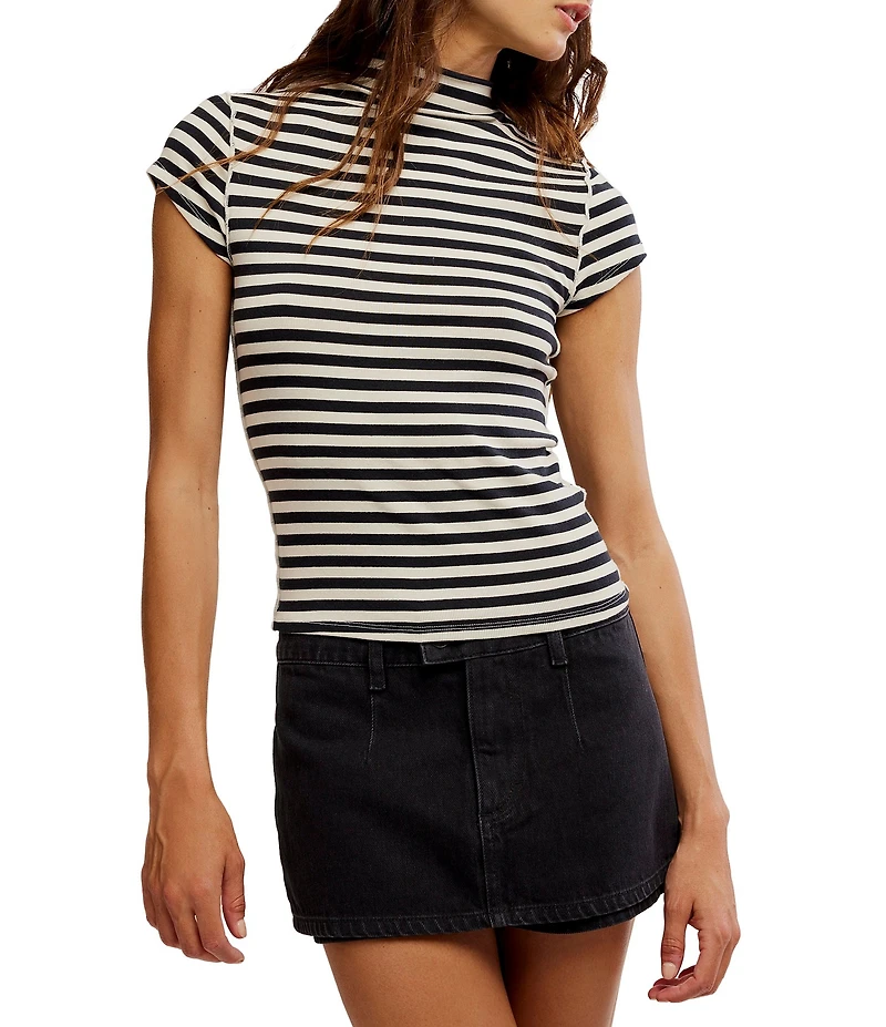 Free People We the Free Lola Stripe Print Mock Neck Short Sleeve Tee