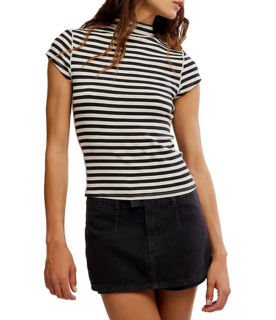 Free People We the Free Lola Stripe Print Mock Neck Short Sleeve Tee