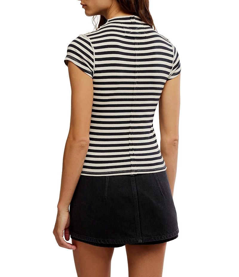 Free People We the Free Lola Stripe Print Mock Neck Short Sleeve Tee