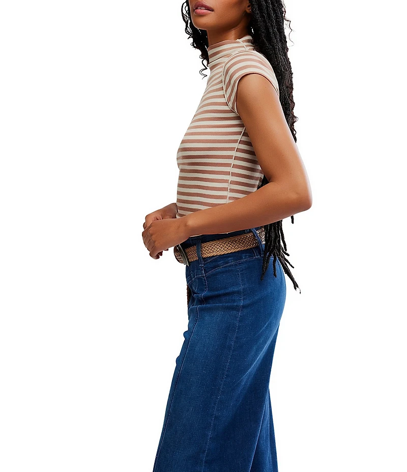 Free People We the Free Lola Stripe Print Mock Neck Short Sleeve Tee