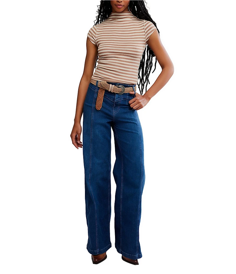 Free People We the Free Lola Stripe Print Mock Neck Short Sleeve Tee