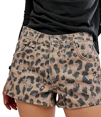 Free People We The Free Now Or Never Leopard Printed Mid-Rise Denim Shorts