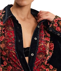 Free People We The Free One Night Velvet Floral Print Contrast Collard Long Sleeve Button Front Top