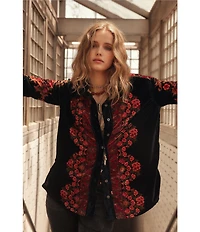 Free People We The Free One Night Velvet Floral Print Contrast Collard Long Sleeve Button Front Top