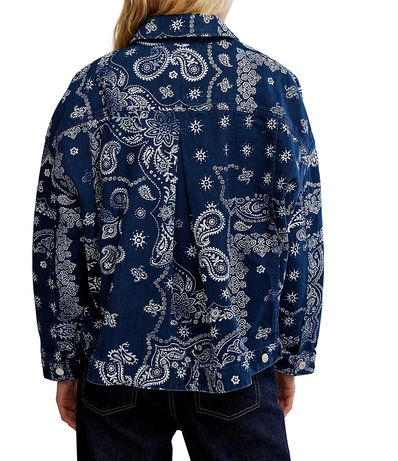 Free People We The Free Opal Swing Bandana Print Collared Long Sleeve Denim Jacket