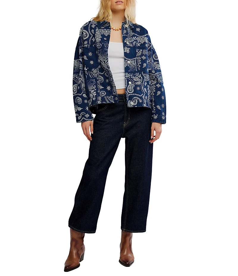 Free People We The Free Opal Swing Bandana Print Collared Long Sleeve Denim Jacket