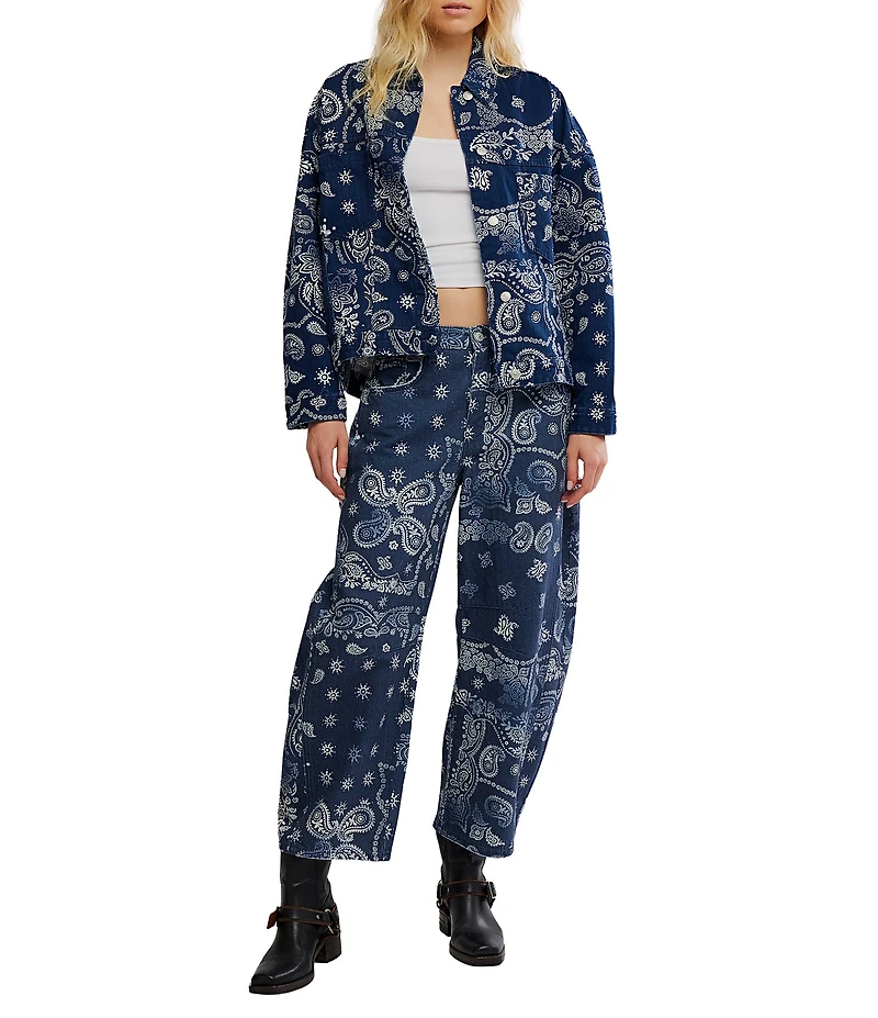 Free People We The Free Opal Swing Bandana Print Collared Long Sleeve Denim Jacket