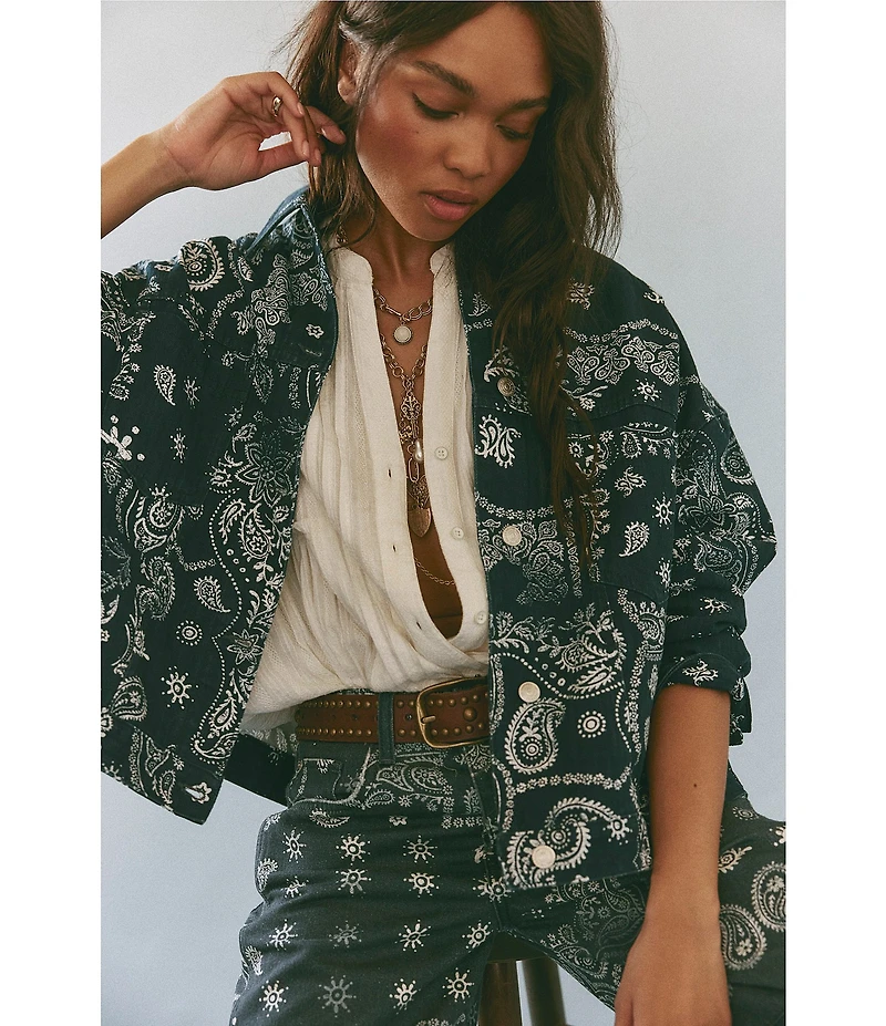 Free People We The Free Opal Swing Bandana Print Collared Long Sleeve Denim Jacket