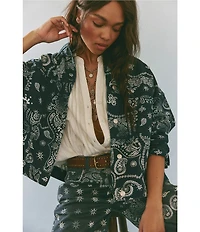 Free People We The Free Opal Swing Bandana Print Collared Long Sleeve Denim Jacket