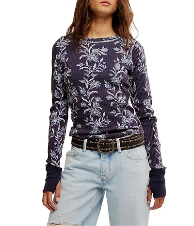 Free People We The Free Pretty Little Thermal Floral Printed Crew Neck Long Sleeve Fitted Top