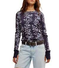 Free People We The Free Pretty Little Thermal Floral Printed Crew Neck Long Sleeve Fitted Top