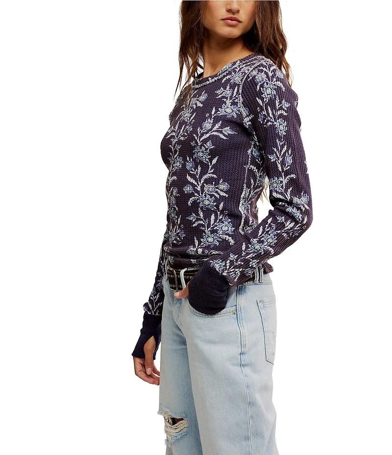 Free People We The Free Pretty Little Thermal Floral Printed Crew Neck Long Sleeve Fitted Top